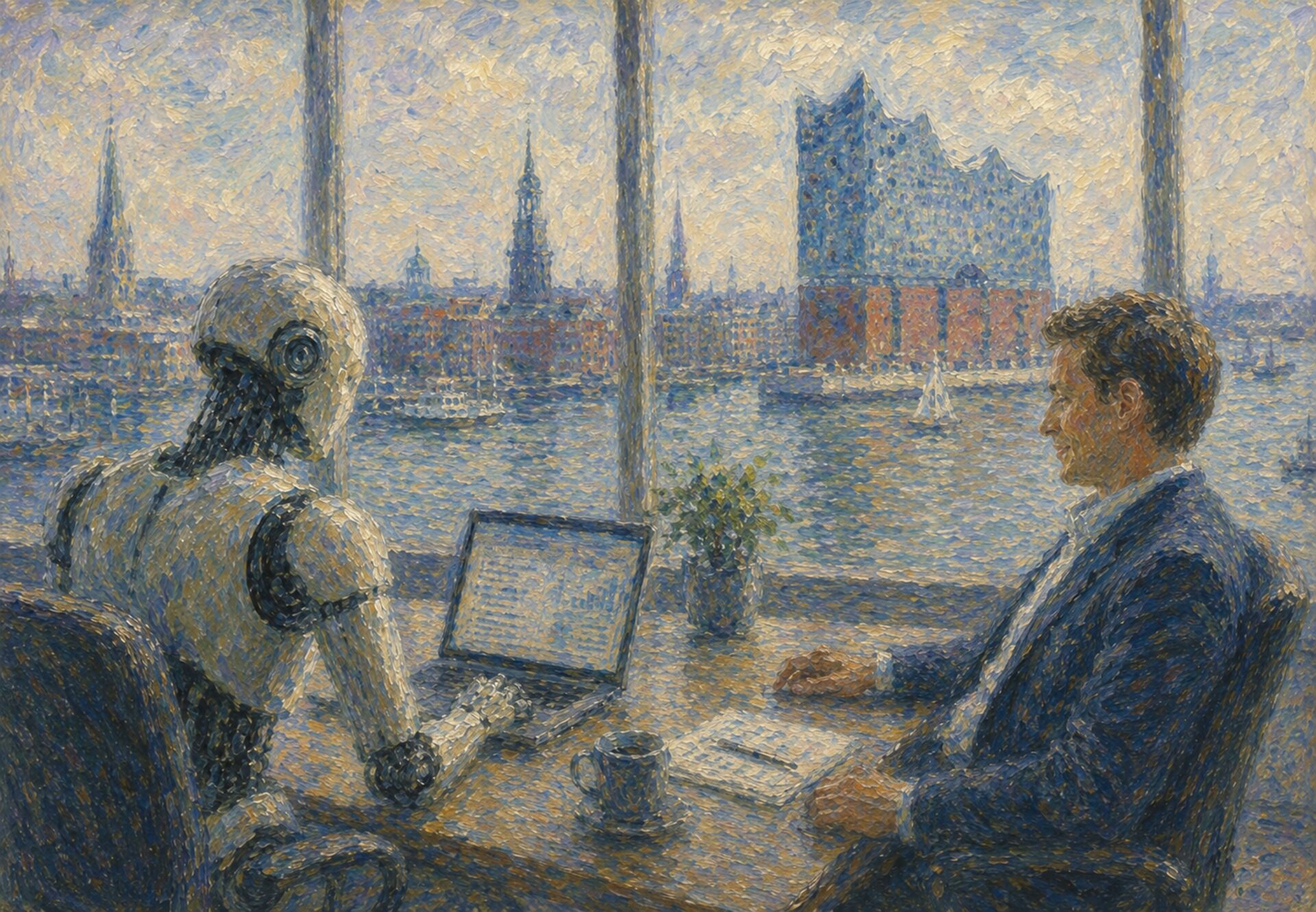 Gemälde: KI-Agent und Mitarbeiter am Schreibtisch mit Blick auf den Hamburger Hafen und die Elbphilharmonie