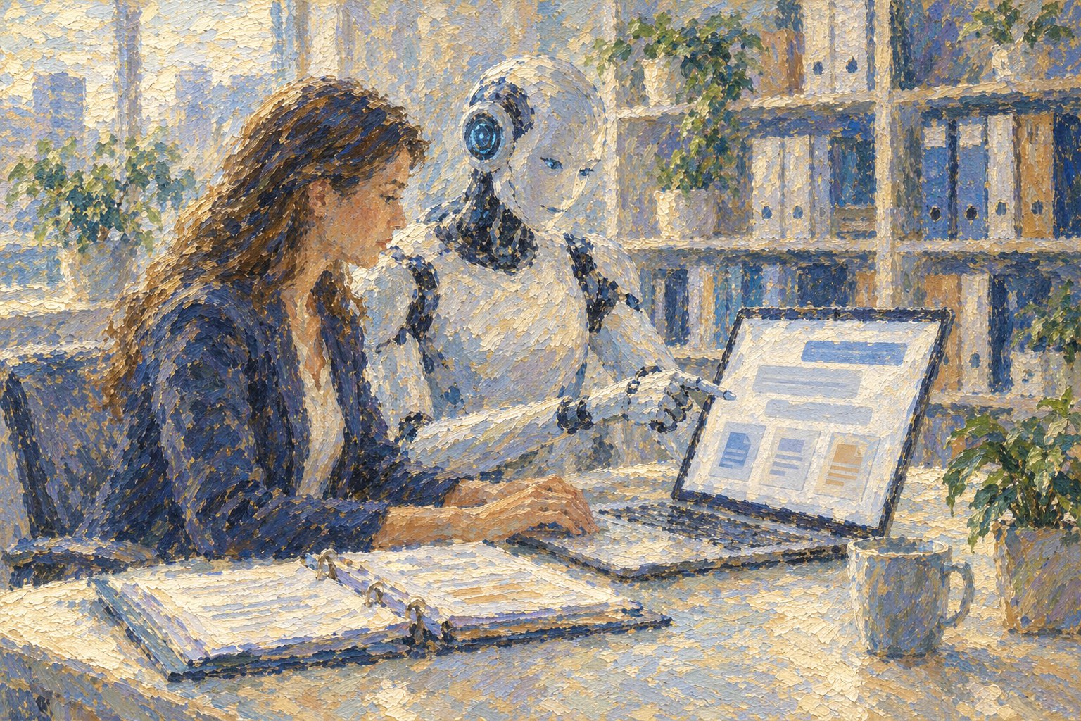 Mitarbeiterin arbeitet gemeinsam mit einem KI-Agenten am Laptop