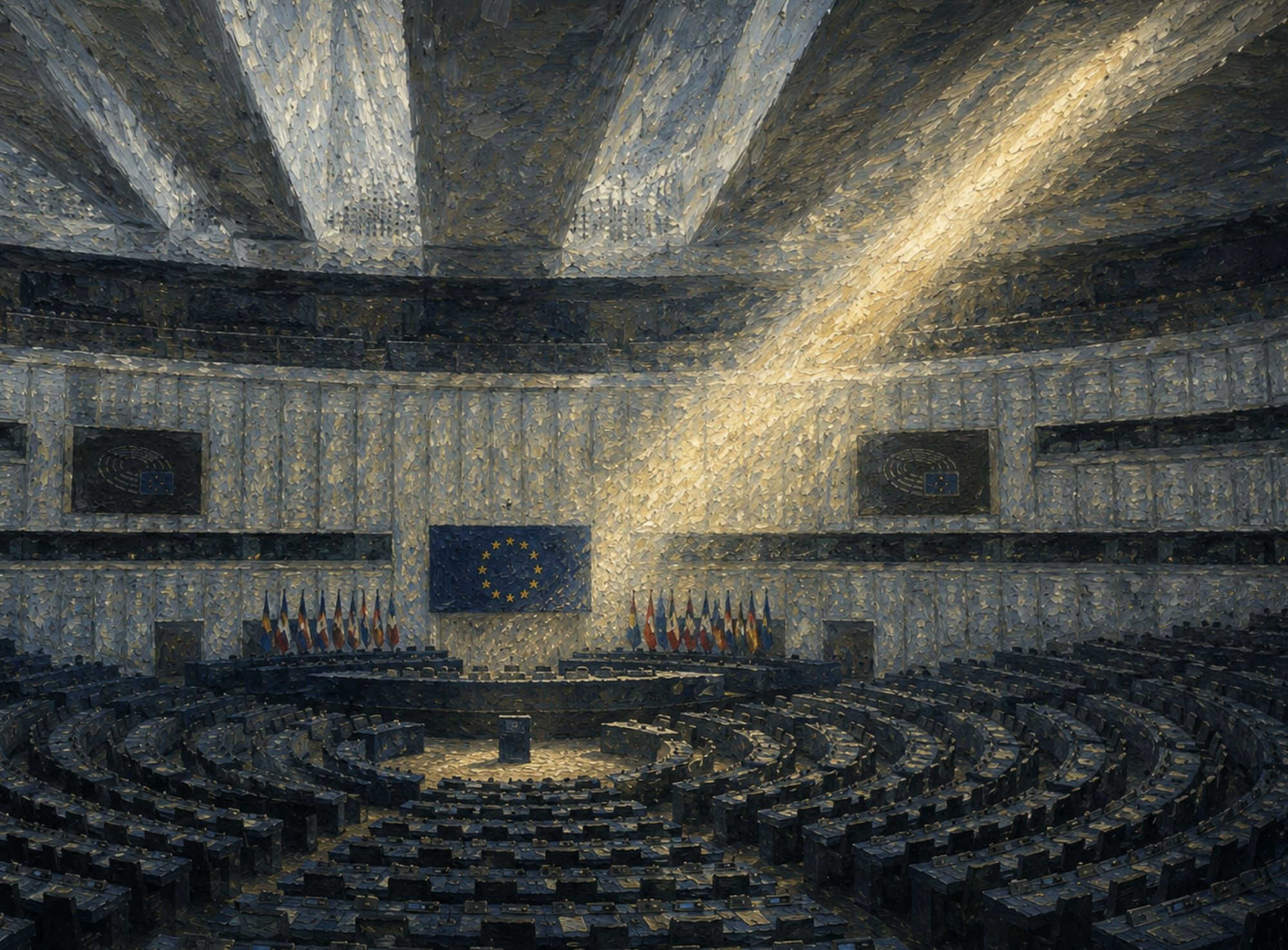 Gemälde: Plenarsaal des Europäischen Parlaments, Gesetzgeber des EU AI Act
